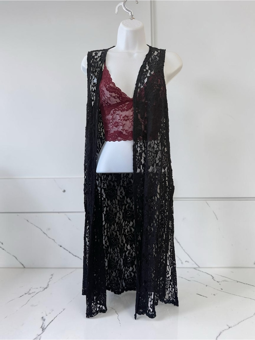 LuLaRoe black lace duster Small sheer maxi vest goth festival cover up